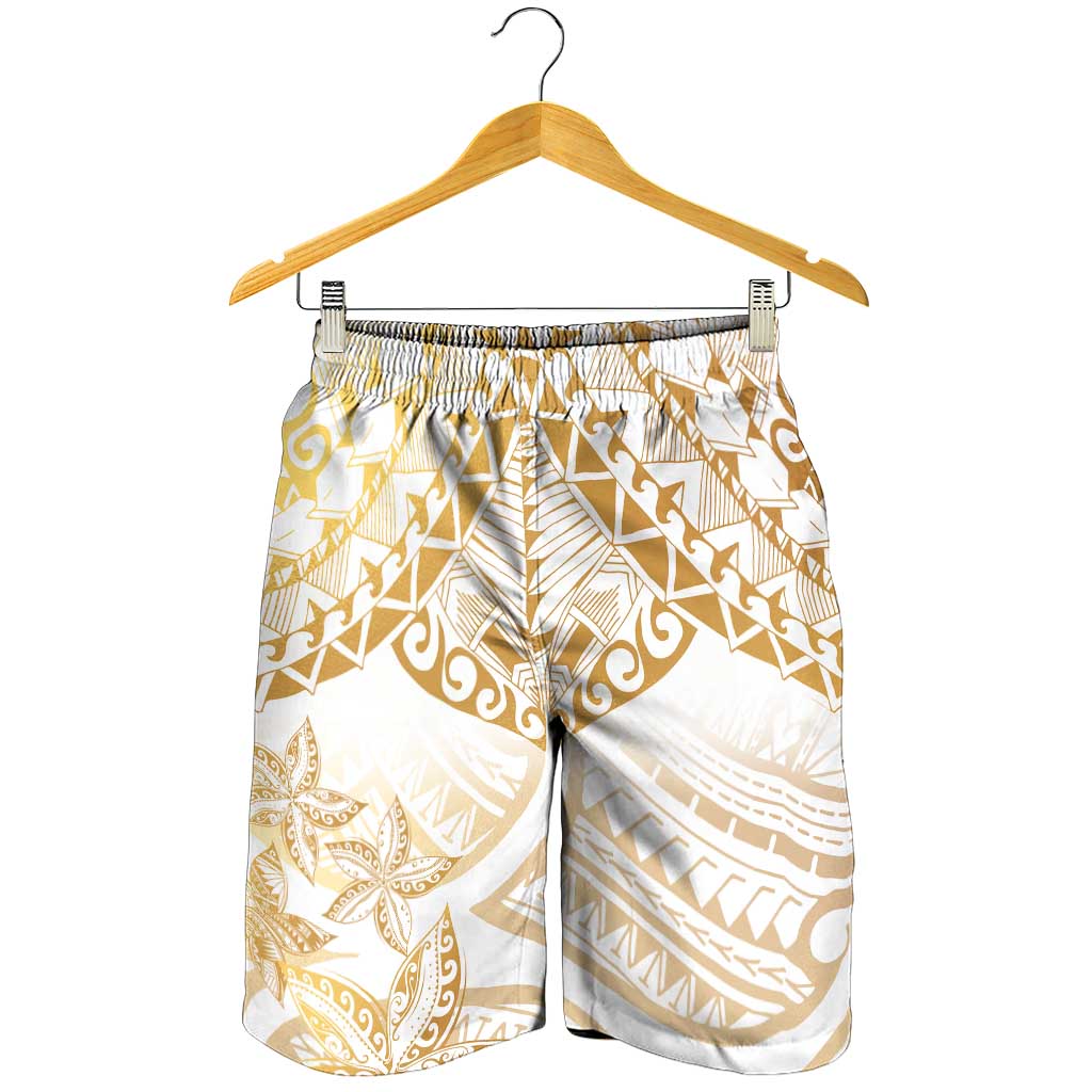 White and Gold Polynesia Shorts for Men Plumeria Tattoo With Polynesian Pattern - Polynesian Pride