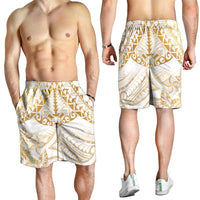 White and Gold Polynesia Shorts for Men Plumeria Tattoo With Polynesian Pattern - Polynesian Pride