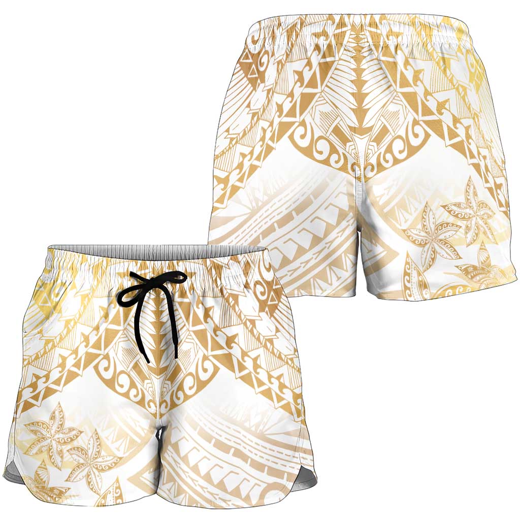 White and Gold Polynesia Shorts for Women Plumeria Tattoo With Polynesian Pattern - Polynesian Pride