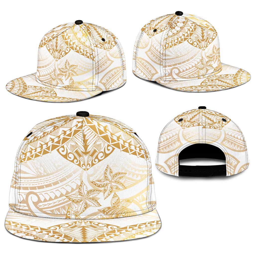 White and Gold Polynesia Snapback Cap Plumeria Tattoo With Polynesian Pattern - Polynesian Pride