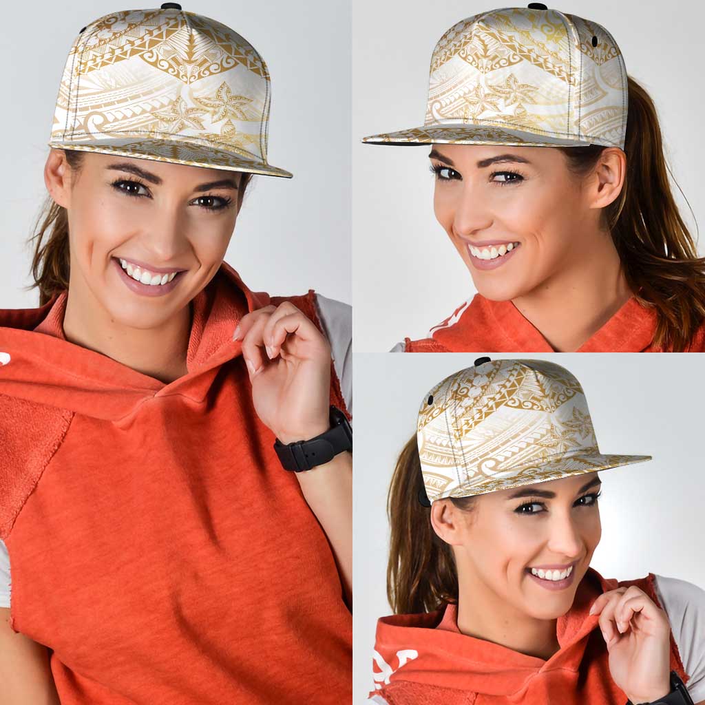 White and Gold Polynesia Snapback Cap Plumeria Tattoo With Polynesian Pattern - Polynesian Pride