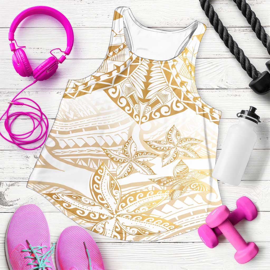 White and Gold Polynesia Women Racerback Tank Plumeria Tattoo With Polynesian Pattern - Polynesian Pride