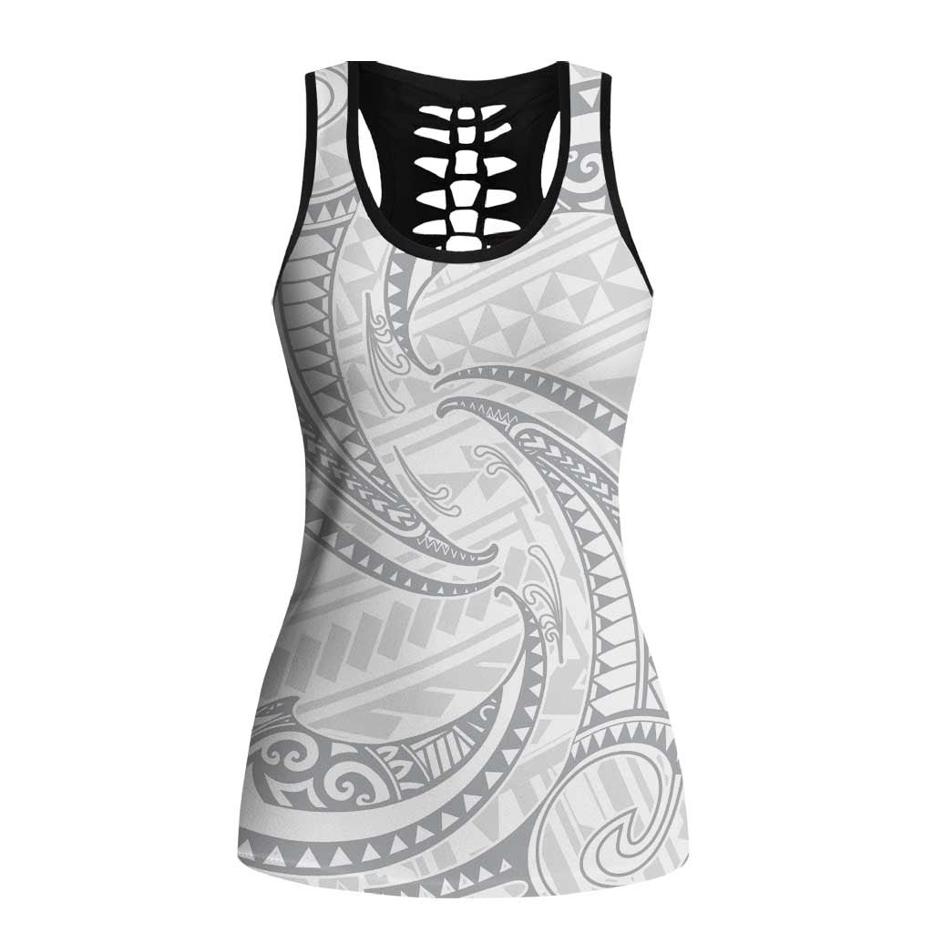 White Sunday Lotu Tamaiti Hollow Tank Top Polynesian Wave Pastel Gray LT9 Female Gray - Polynesian Pride
