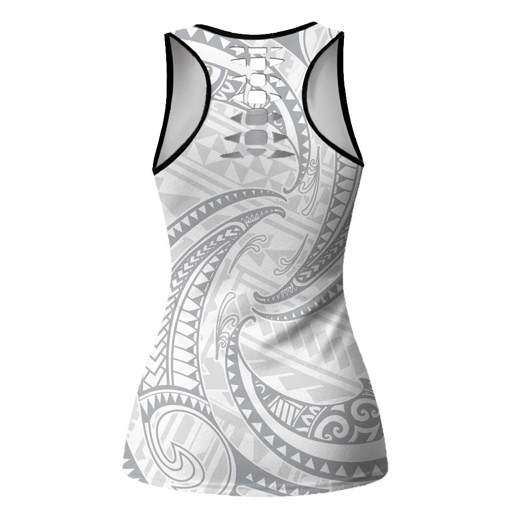 White Sunday Lotu Tamaiti Hollow Tank Top Polynesian Wave Pastel Gray LT9 - Polynesian Pride