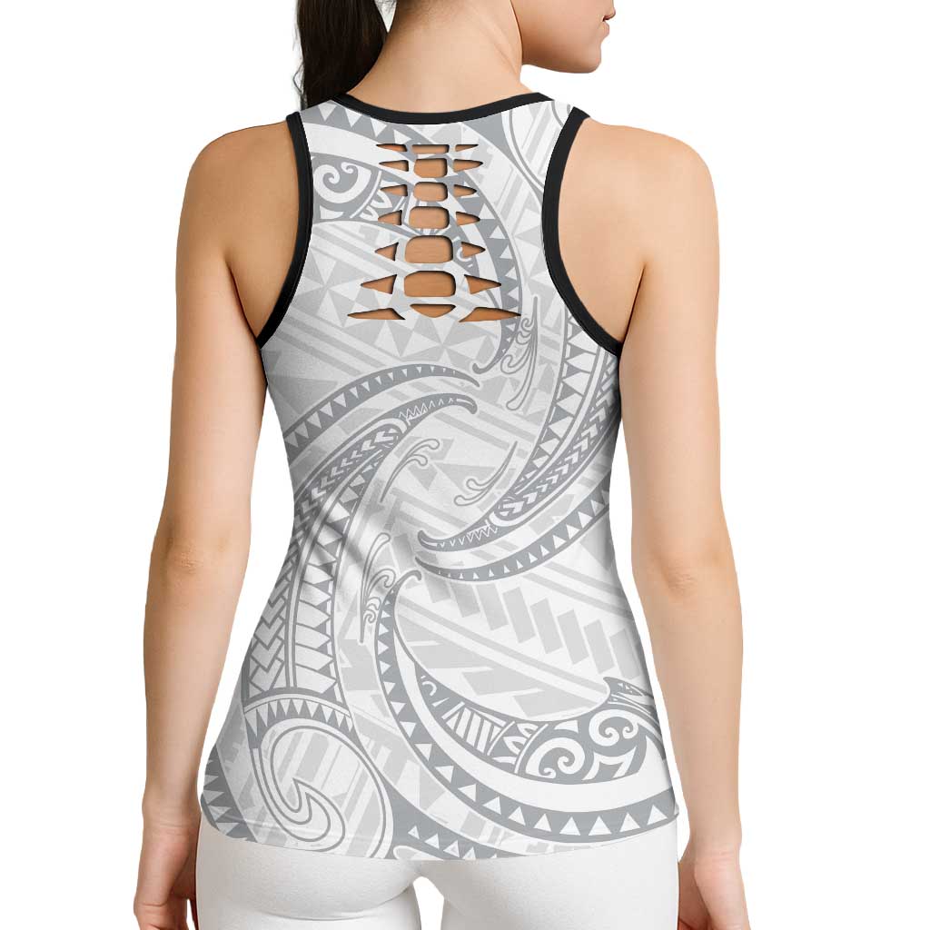 White Sunday Lotu Tamaiti Hollow Tank Top Polynesian Wave Pastel Gray LT9 - Polynesian Pride