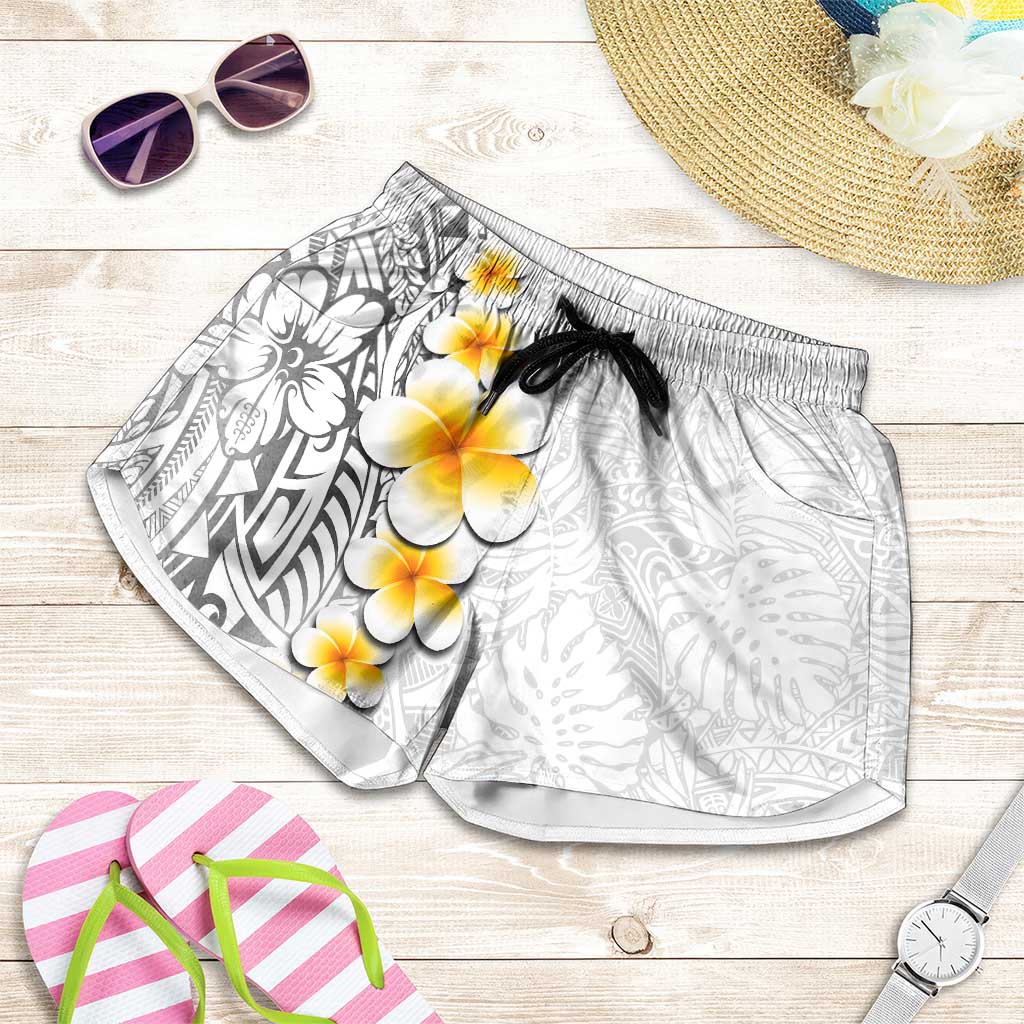 White Tropical Plumeria With Galaxy Polynesian Art Shorts for Women LT14 White - Polynesian Pride