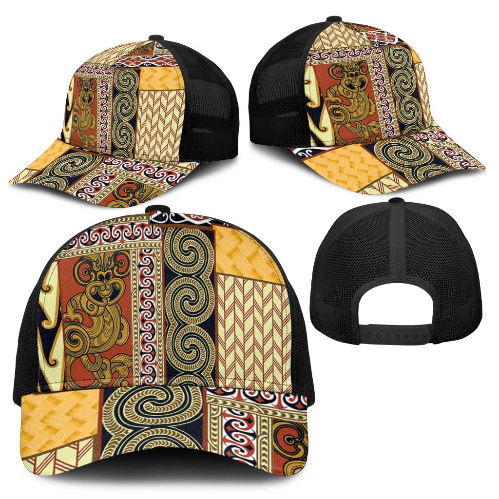 Yellow Aotearoa Kowhaiwhai Pattern Baseball Net Cap NZ Maori Quilt Style - Polynesian Pride