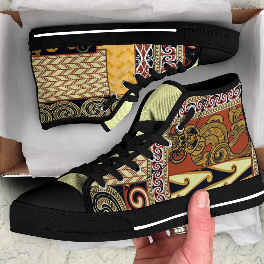 Yellow Aotearoa Kowhaiwhai Pattern High Top Shoes NZ Maori Quilt Style - Polynesian Pride