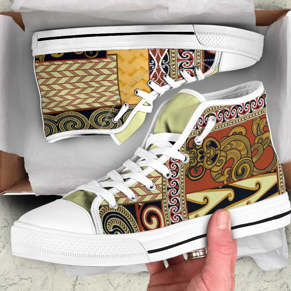 Yellow Aotearoa Kowhaiwhai Pattern High Top Shoes NZ Maori Quilt Style - Polynesian Pride
