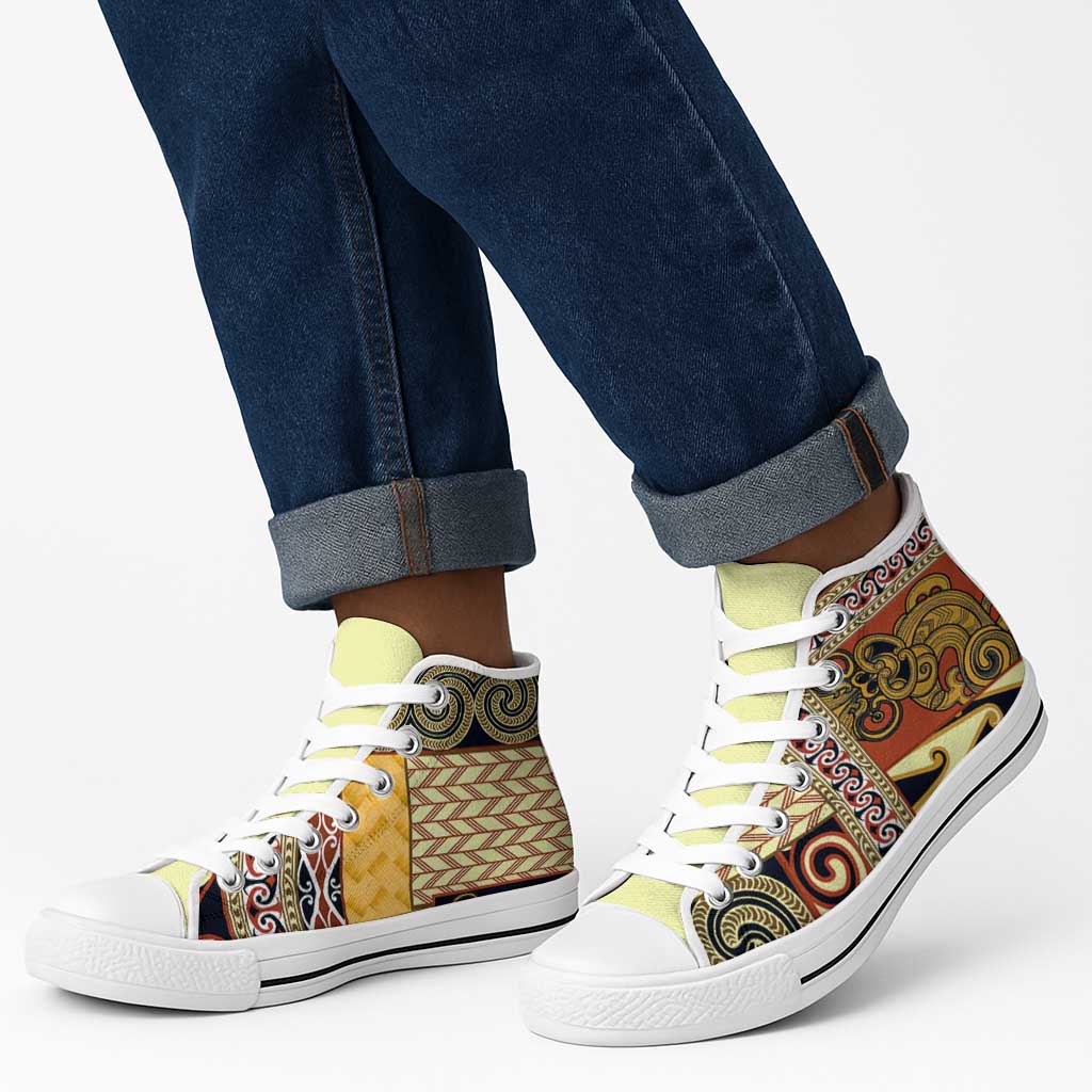 Yellow Aotearoa Kowhaiwhai Pattern High Top Shoes NZ Maori Quilt Style - Polynesian Pride