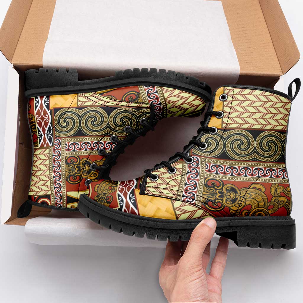 Yellow Aotearoa Kowhaiwhai Pattern Leather Boots NZ Maori Quilt Style - Polynesian Pride