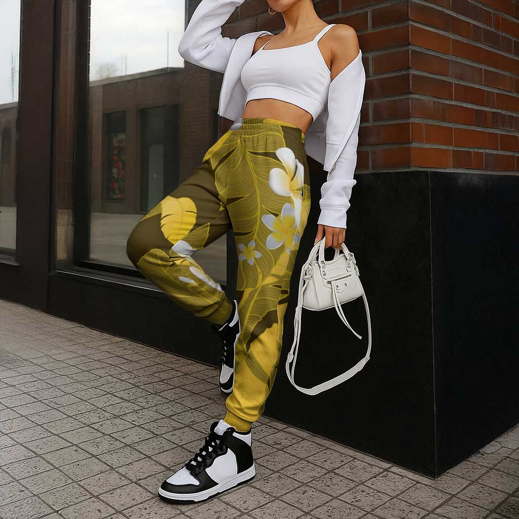 Yellow Banana Leaf Hawaii Jogger Pants Lau Maia Plumeria Tropical Summer Vibes