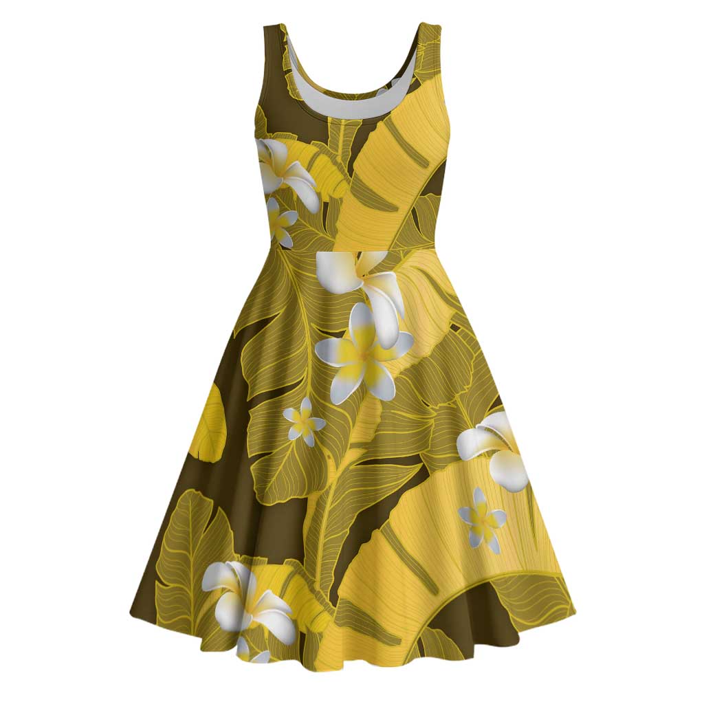 Yellow Banana Leaf Hawaii Midi Dress Lau Maia Plumeria Tropical Summer Vibes LT14 Yellow - Polynesian Pride