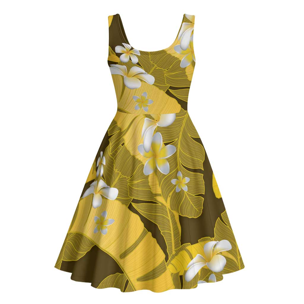 Yellow Banana Leaf Hawaii Midi Dress Lau Maia Plumeria Tropical Summer Vibes LT14 - Polynesian Pride