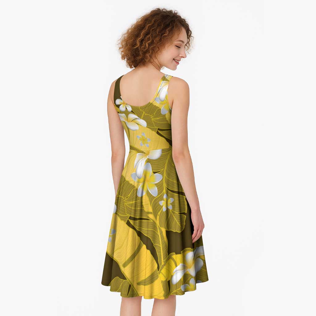 Yellow Banana Leaf Hawaii Midi Dress Lau Maia Plumeria Tropical Summer Vibes LT14 - Polynesian Pride