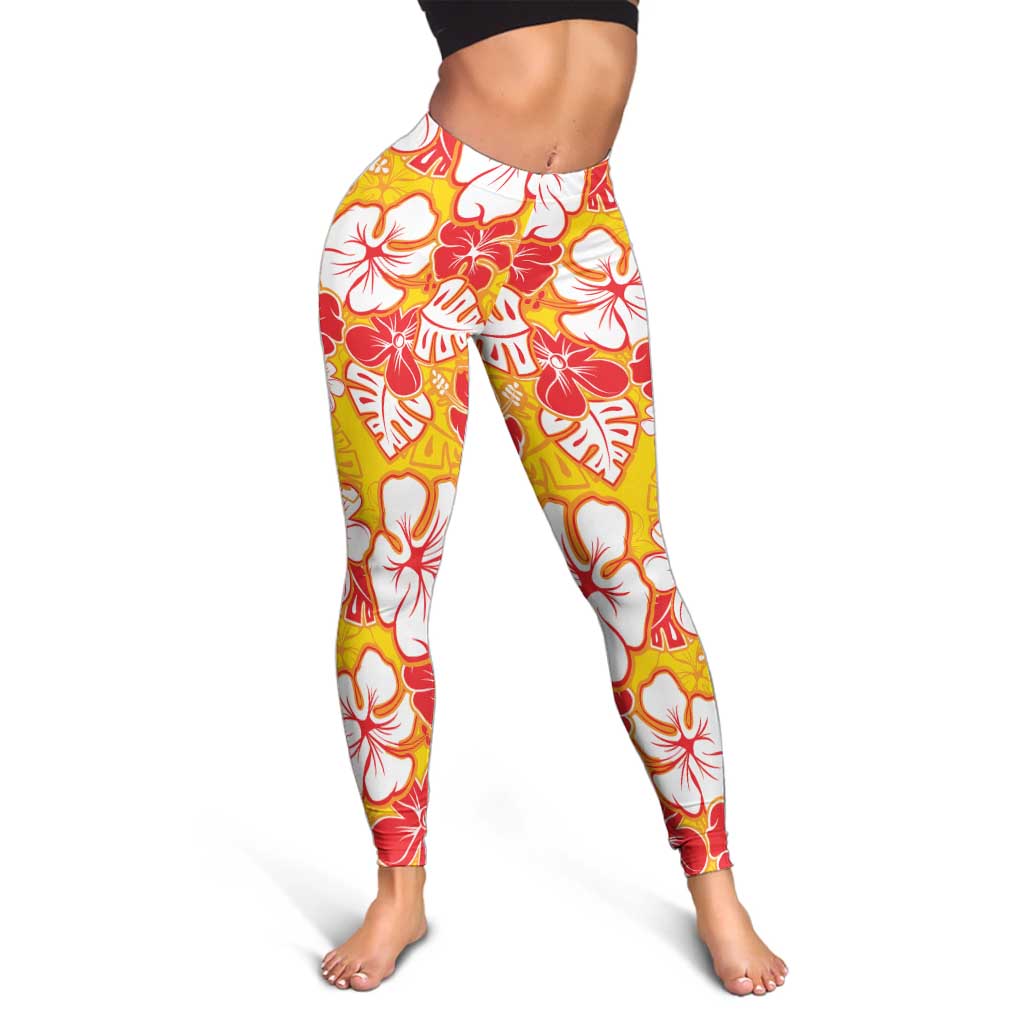 Yellow Hawaii Hibiscus Leggings Tropical Flowers Seamless Pattern - Polynesian Pride