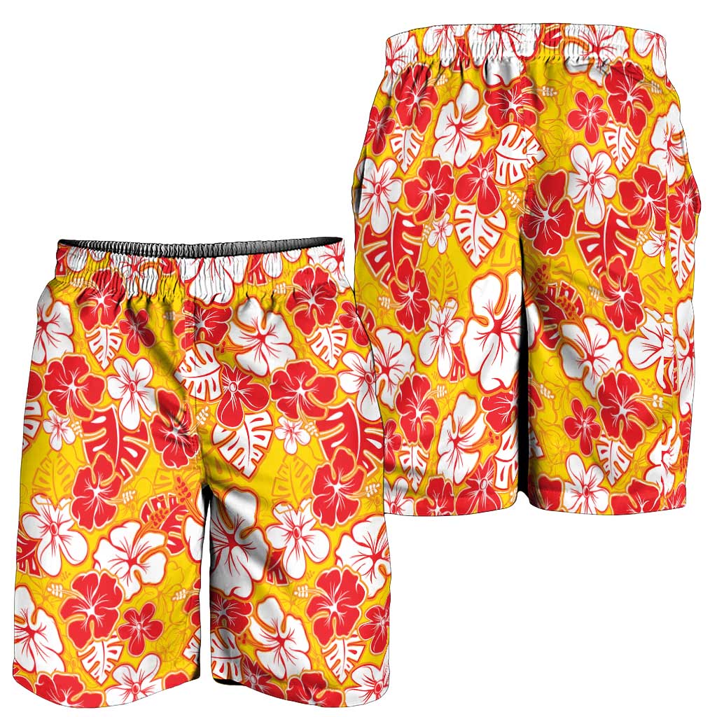 Yellow Hawaii Hibiscus Shorts for Men Tropical Flowers Seamless Pattern - Polynesian Pride