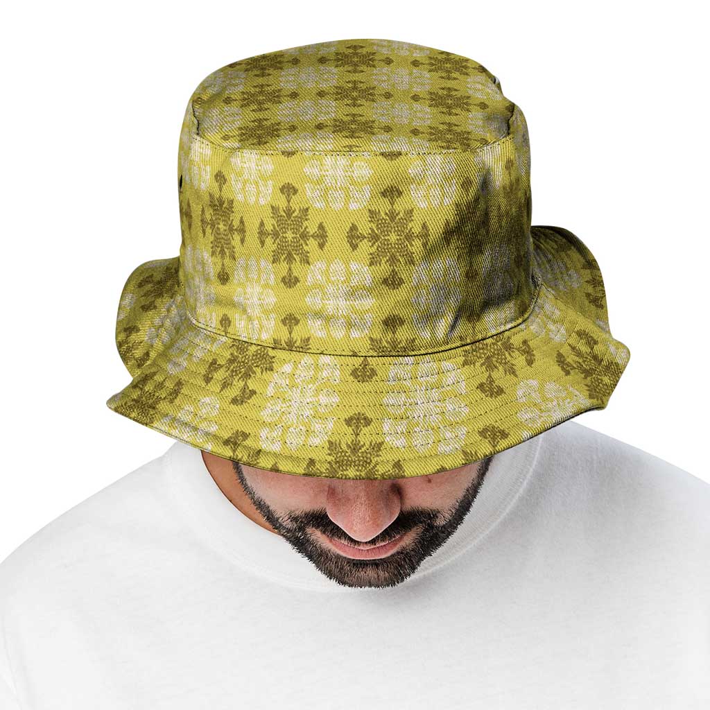 Yellow Hawaiian Quilt Bucket Hat Hawaii Pineapple Monstera Palaka Motifs - Polynesian Pride