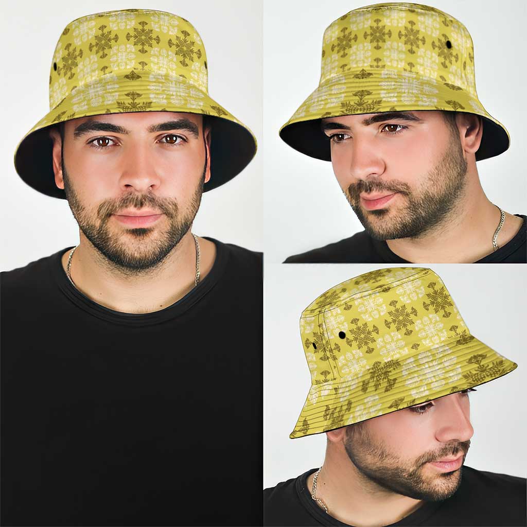 Yellow Hawaiian Quilt Bucket Hat Hawaii Pineapple Monstera Palaka Motifs - Polynesian Pride
