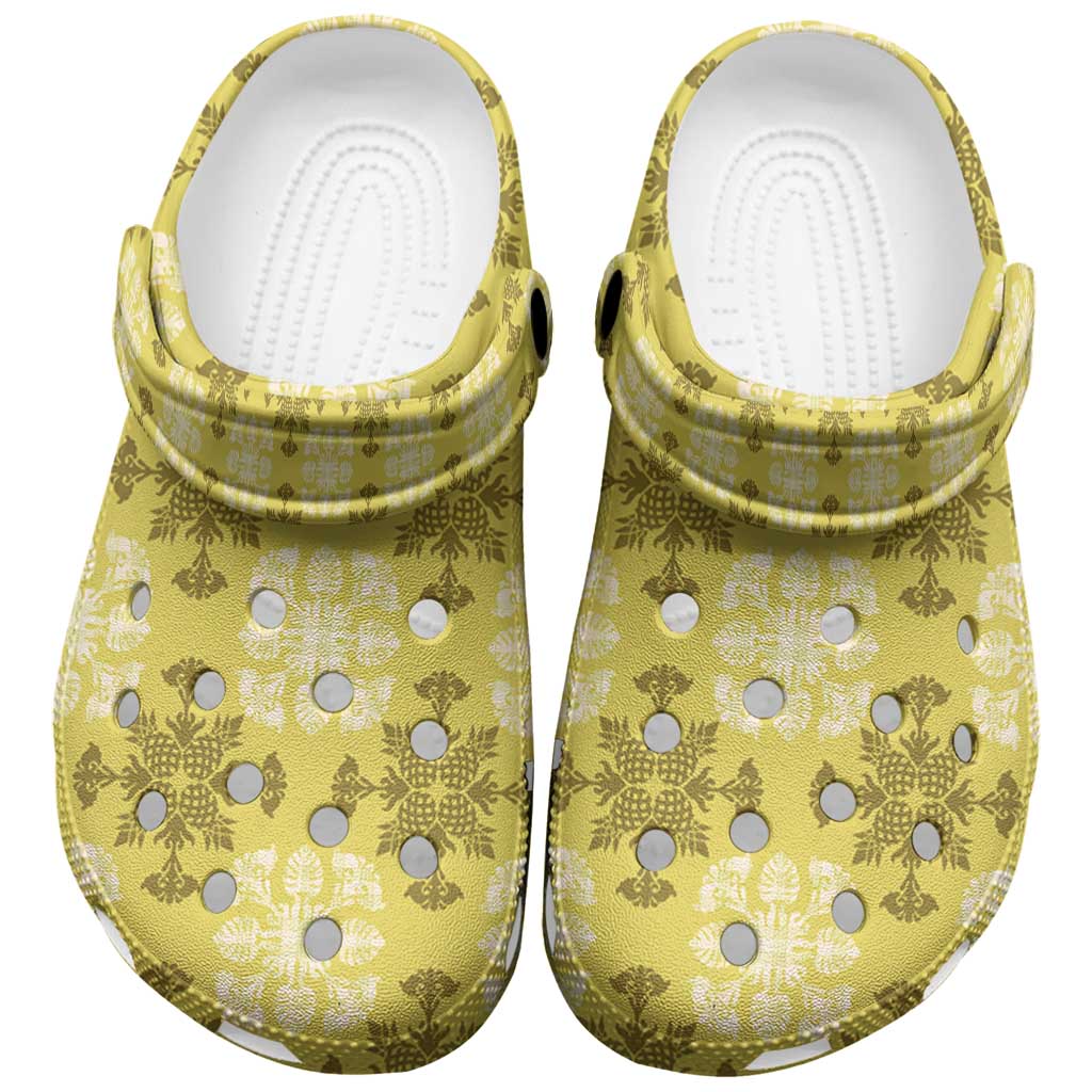 Yellow Hawaiian Quilt Clogs Shoes Hawaii Pineapple Monstera Palaka Motifs - Polynesian Pride