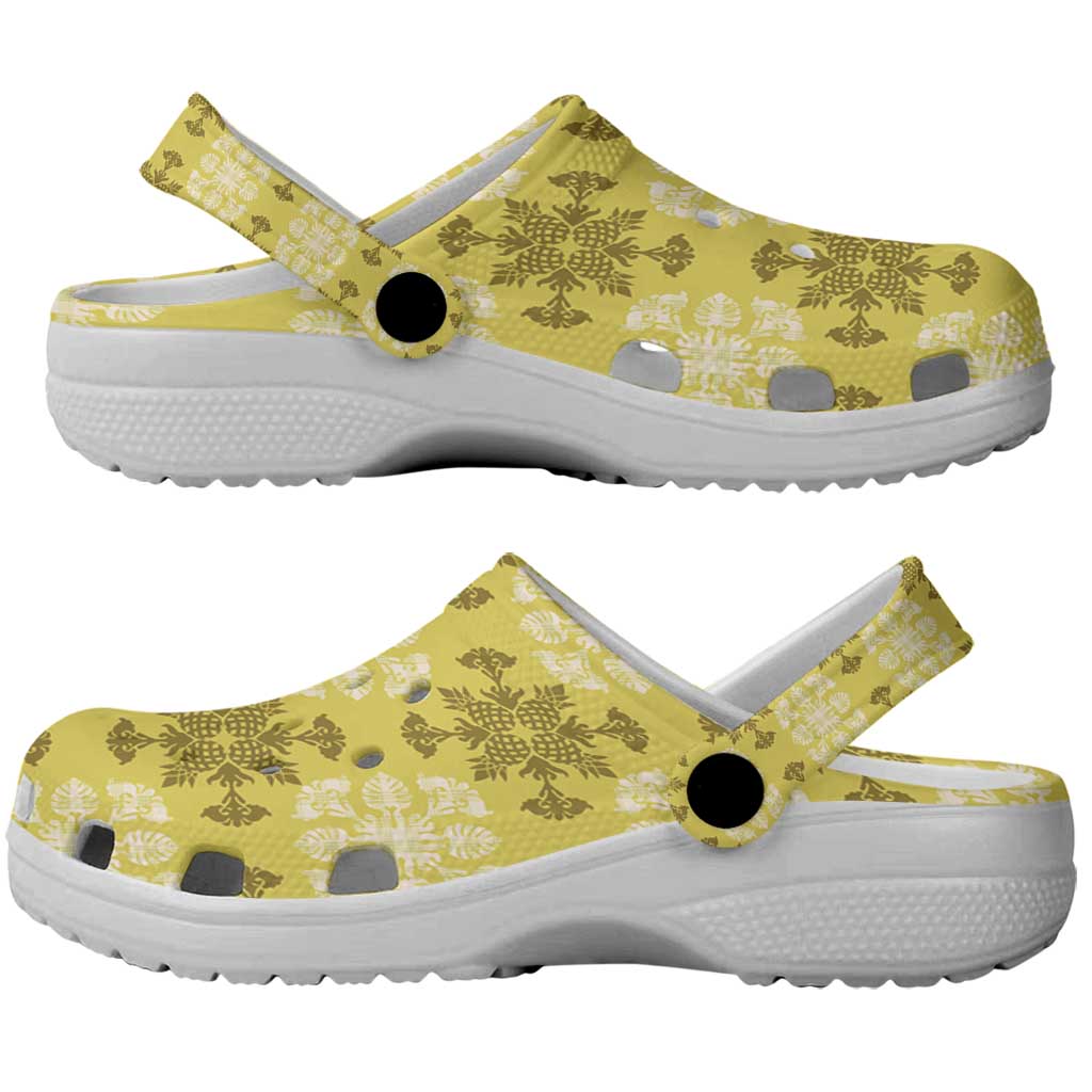 Yellow Hawaiian Quilt Clogs Shoes Hawaii Pineapple Monstera Palaka Motifs - Polynesian Pride