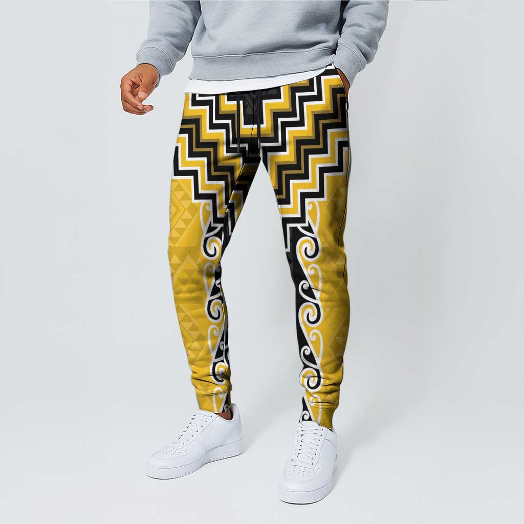 Yellow Niho Taniwha Mix Poutama Jogger Pants Unique Taniko Aotearoa - Polynesian Pride