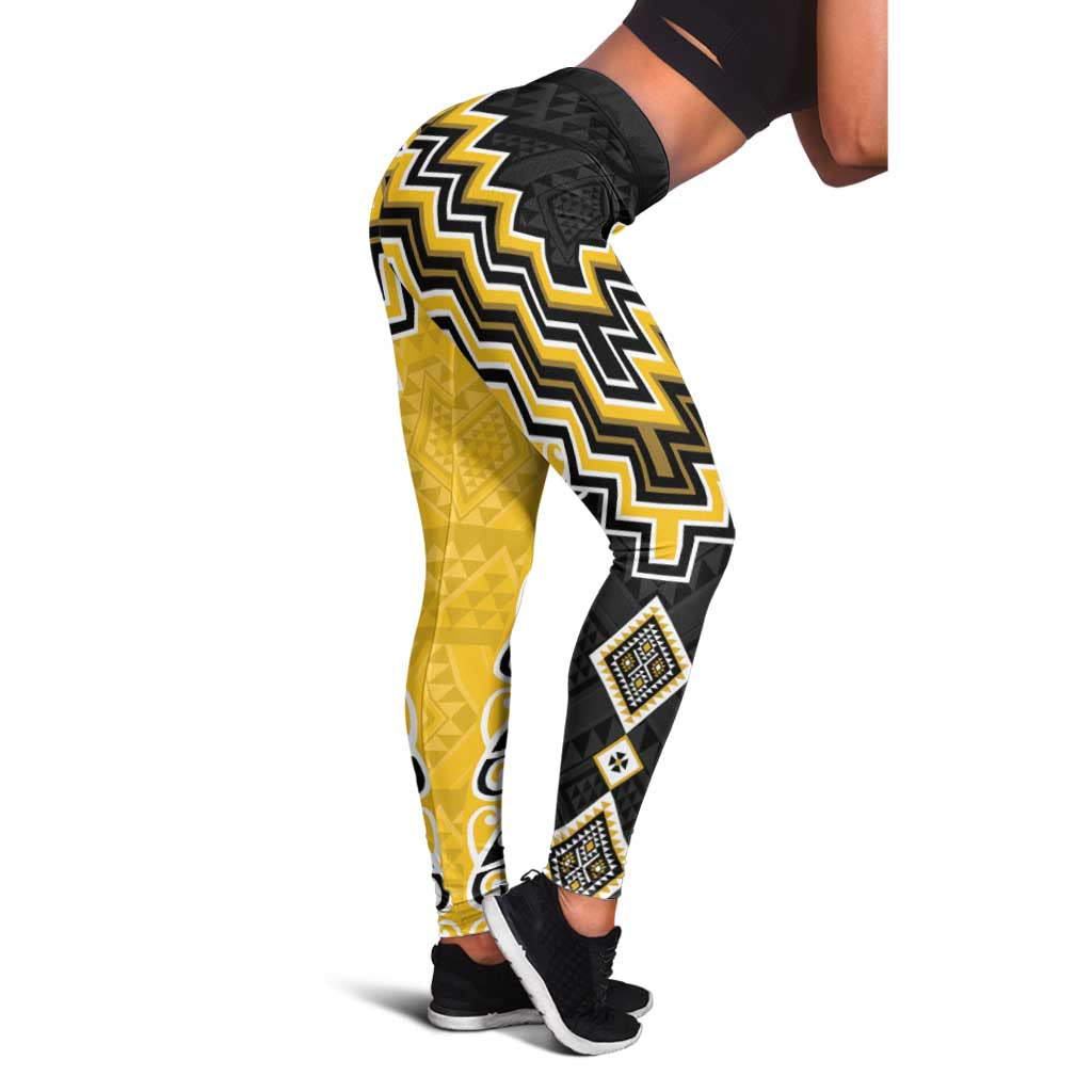 Yellow Niho Taniwha Mix Poutama Leggings Unique Taniko Aotearoa - Polynesian Pride