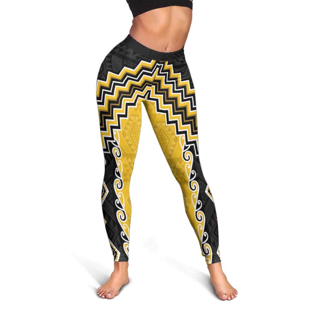 Yellow Niho Taniwha Mix Poutama Leggings Unique Taniko Aotearoa - Polynesian Pride