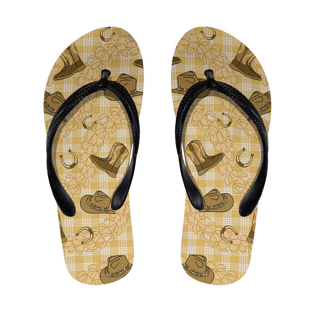 Yellow Palaka Hawaii Cowboy Flip Flops Puakenikeni Lei Paniolo Papale Seamless Vibes - Polynesian Pride