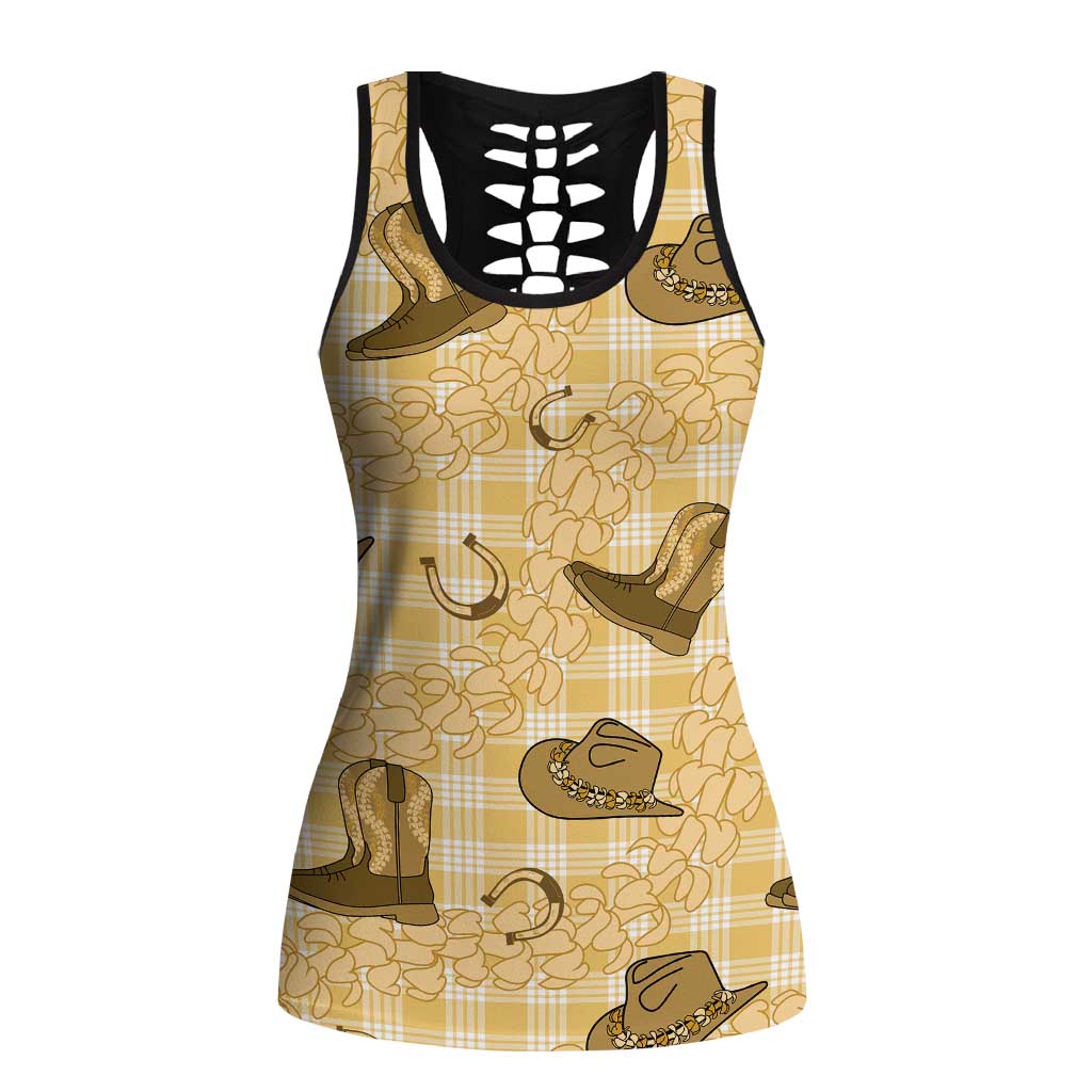 Yellow Palaka Hawaii Cowboy Hollow Tank Top Puakenikeni Lei Paniolo Papale Seamless Vibes - Polynesian Pride