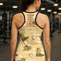 Yellow Palaka Hawaii Cowboy Hollow Tank Top Puakenikeni Lei Paniolo Papale Seamless Vibes - Polynesian Pride