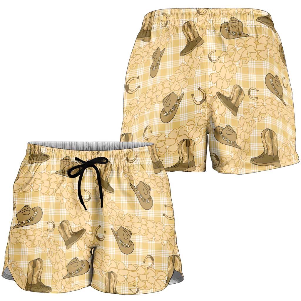 Yellow Palaka Hawaii Cowboy Shorts for Women Puakenikeni Lei Paniolo Papale Seamless Vibes - Polynesian Pride