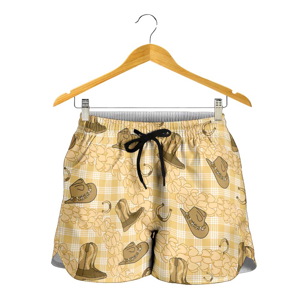 Yellow Palaka Hawaii Cowboy Shorts for Women Puakenikeni Lei Paniolo Papale Seamless Vibes - Polynesian Pride