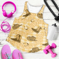 Yellow Palaka Hawaii Cowboy Women Racerback Tank Puakenikeni Lei Paniolo Papale Seamless Vibes - Polynesian Pride