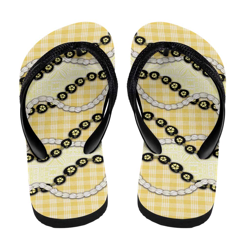 Yellow Palaka Hawaii Flip Flops Kukui Nut Pikake Lei Hawaiian Tapa Pattern - Polynesian Pride