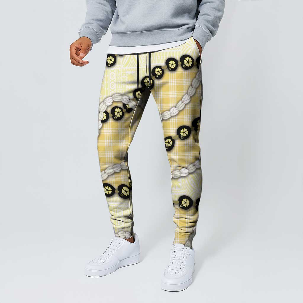 Yellow Palaka Hawaii Jogger Pants Kukui Nut Pikake Lei Hawaiian Tapa Pattern - Polynesian Pride