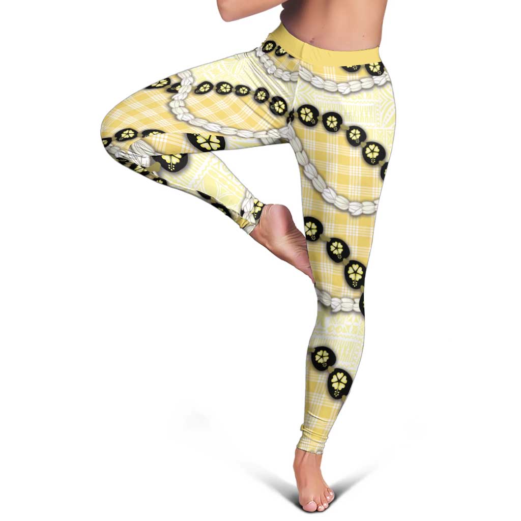 Yellow Palaka Hawaii Leggings Kukui Nut Pikake Lei Hawaiian Tapa Pattern - Polynesian Pride