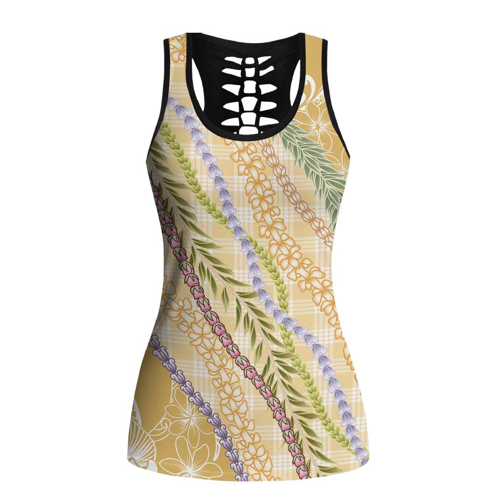 Yellow Palaka Hawaii Leis Hollow Tank Top Hawaiian-plaid Elegant Tropical Vibes - Polynesian Pride
