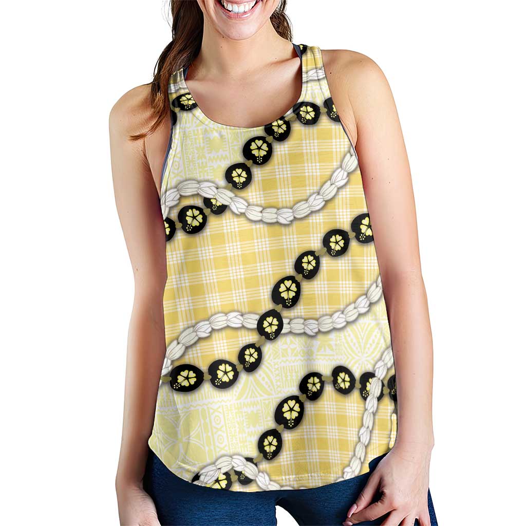 Yellow Palaka Hawaii Women Racerback Tank Kukui Nut Pikake Lei Hawaiian Tapa Pattern - Polynesian Pride