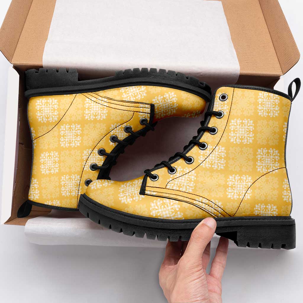 Yellow Palaka Quilt Hawaii Leather Boots Traditional Hawaii-plaid Pattern - Polynesian Pride