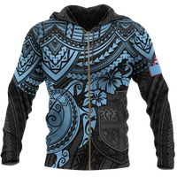Fiji Polynesian Hoodie (Zip up) Blue Turtle Unisex Blue - Polynesian Pride