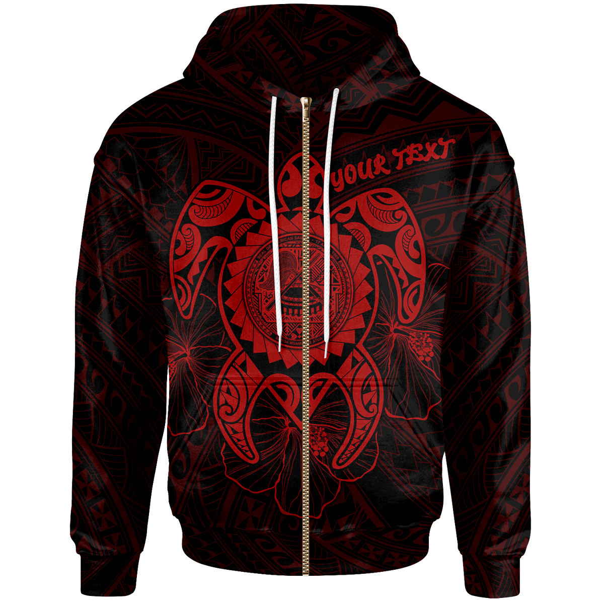 American Samoa Polynesian Custom Zip up Hoodie Vintage Polynesian Turtle (Red) Unisex Black - Polynesian Pride