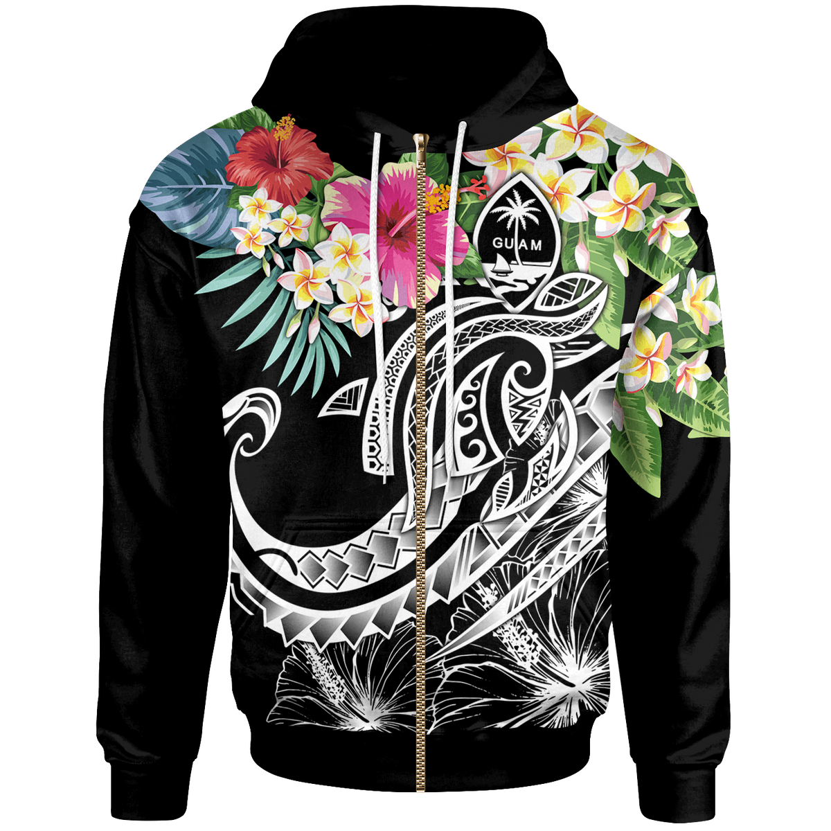 Guam Polynesian Zip up Hoodie Summer Plumeria (Black) Unisex Black - Polynesian Pride