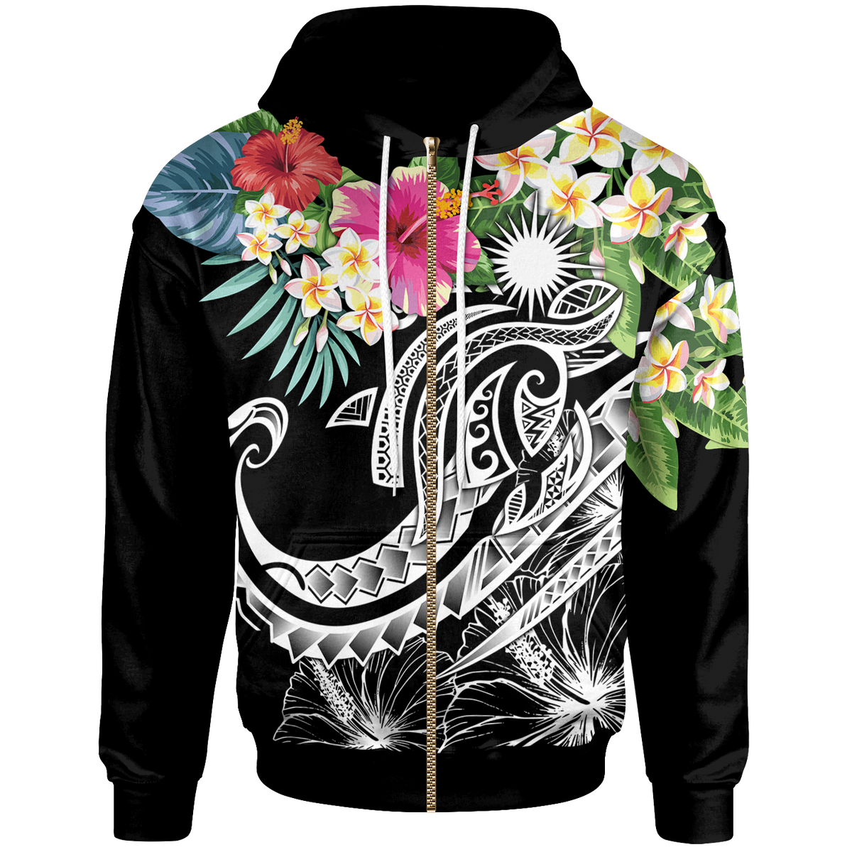 Marshall Islands Polynesian Zip up Hoodie Summer Plumeria (Black) Unisex Black - Polynesian Pride