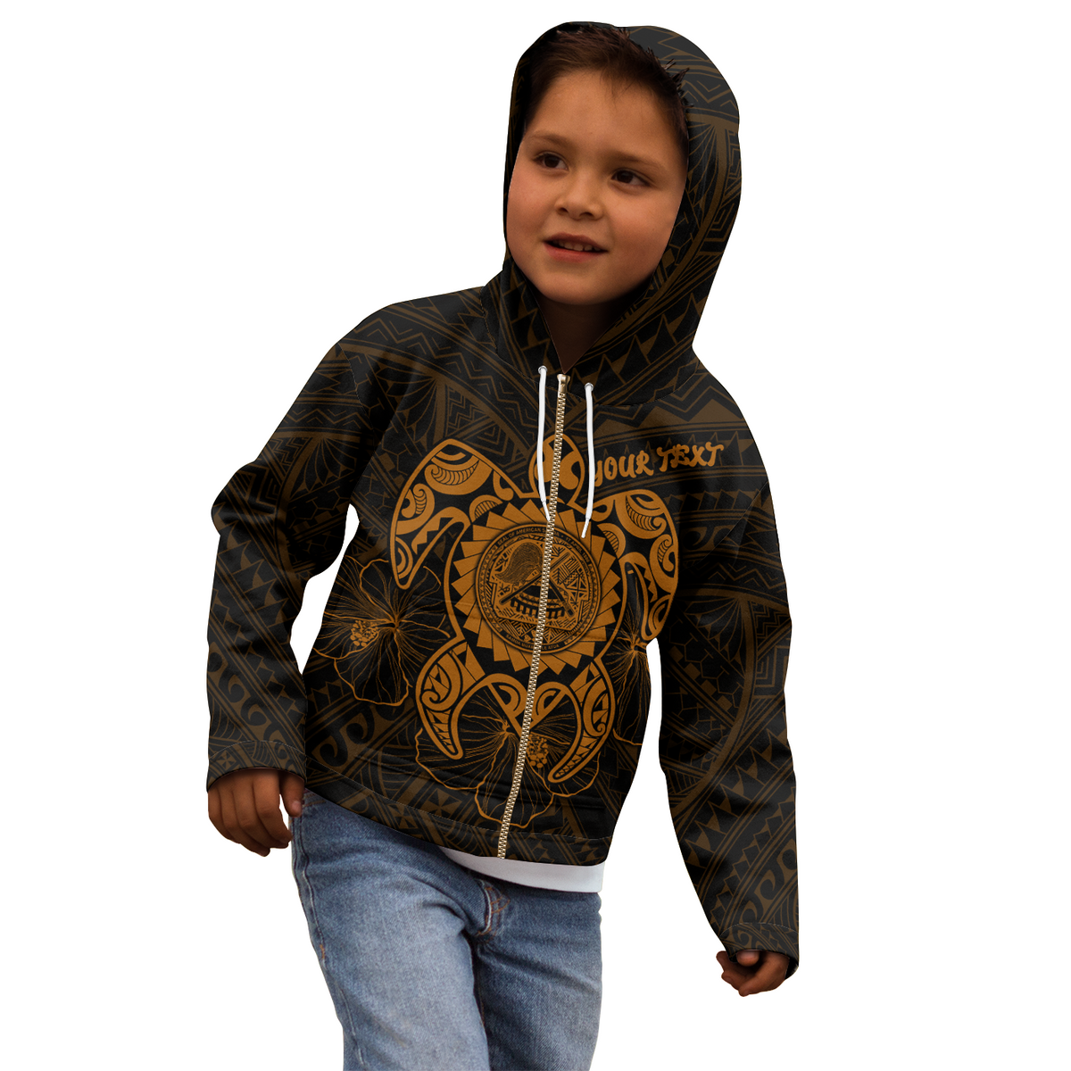 American Samoa Polynesian Custom Zip up Hoodie Vintage Polynesian Turtle (Golden) - Polynesian Pride