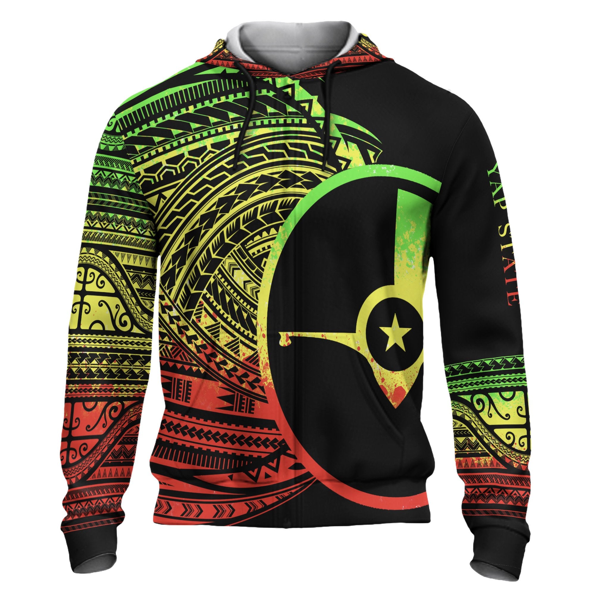 Yap Hoodie Micronesia Reggae Patterns With Coat of Arms Unisex Black - Polynesian Pride