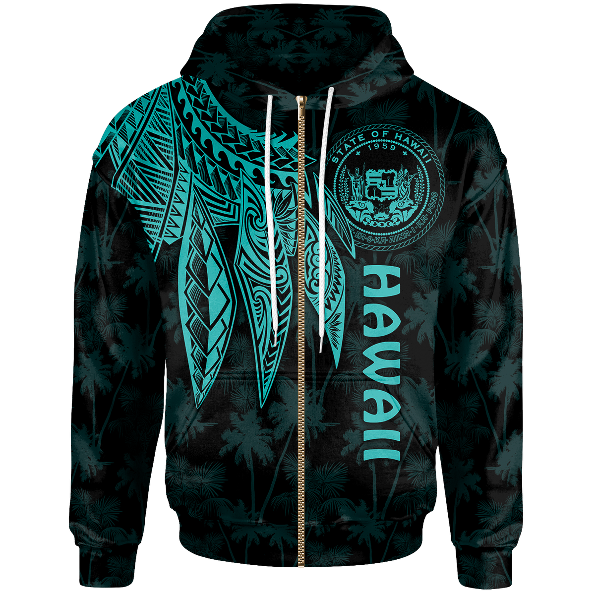 Polynesian Hawaii Zip up Hoodie Polynesian Wings (Turquoise) Unisex Turquoise - Polynesian Pride