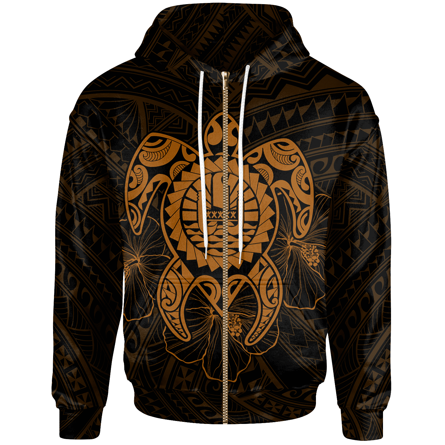 Tahiti Polynesian Zip up Hoodie Vintage Polynesian Turtle (Golden) Unisex Golden - Polynesian Pride