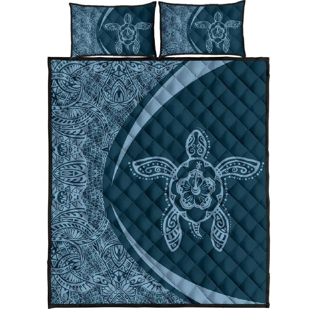Hawaiian Polynesian Turtle Quilt Bedding Set - Circle Style Cobalt Blue Black - Polynesian Pride