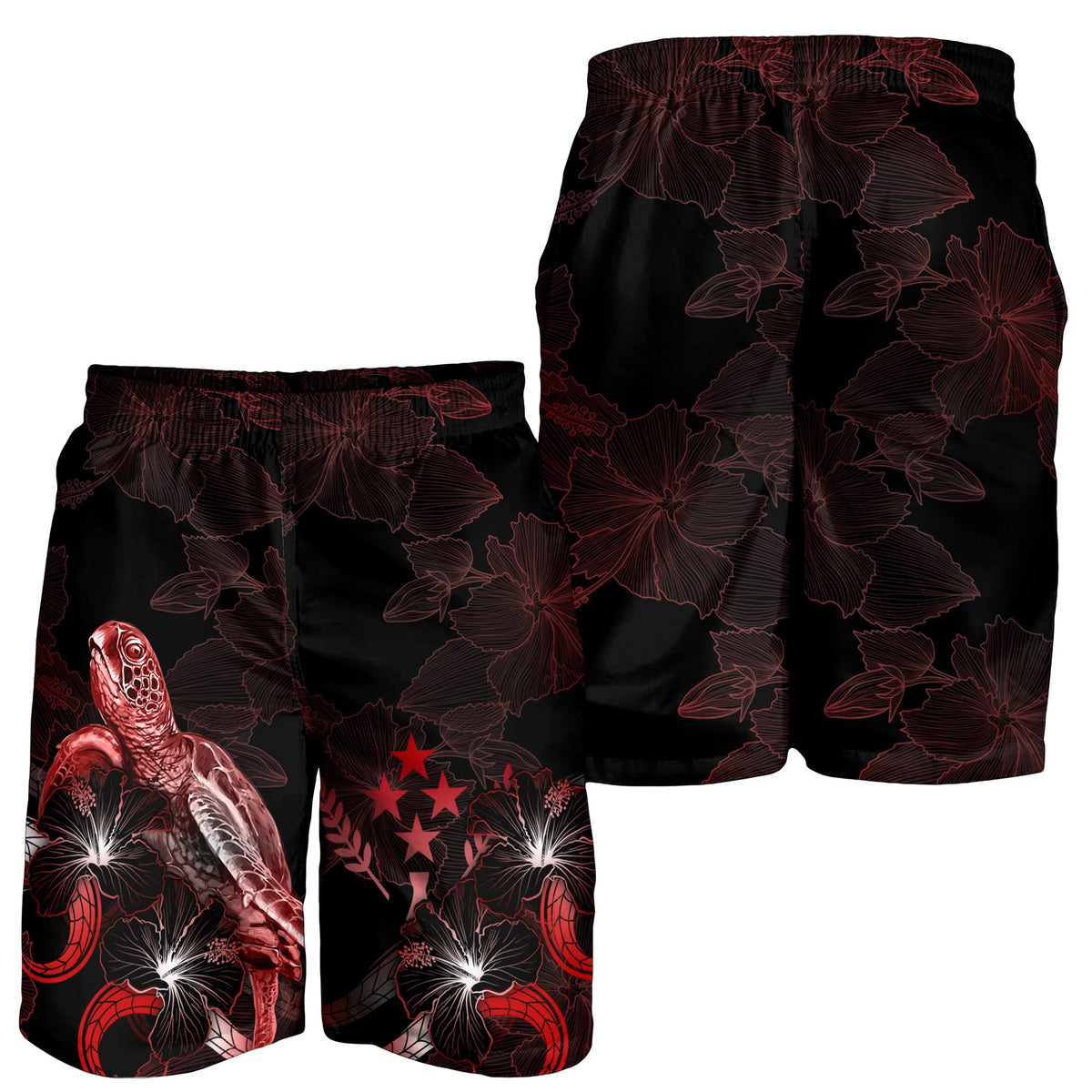 Kosrae Polynesian Men's Shorts - Turtle With Blooming Hibiscus Red - Polynesian Pride
